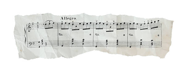 Torn and crumpled fragment of musical sheet with notes, wide horizontal composition isolated on a transparent background. Vintage music paper banner with copy space for design