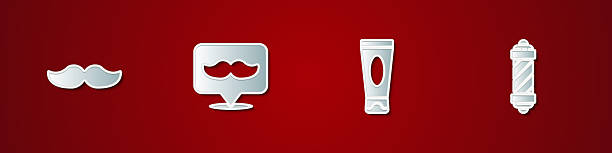 Set Mustache, Barbershop, Cream or lotion cosmetic tube and Classic pole icon. Vector.