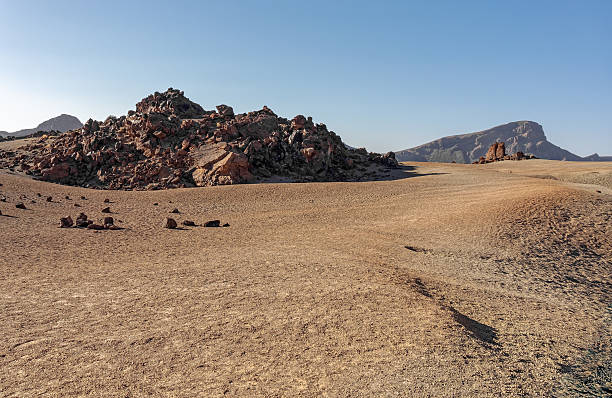 Dry desert plain with volcanic mountains and a vast sky creating a desolate environment