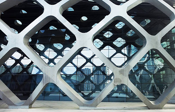 Metal dome abstract architecture background. Wall with metal elements and open ceiling
