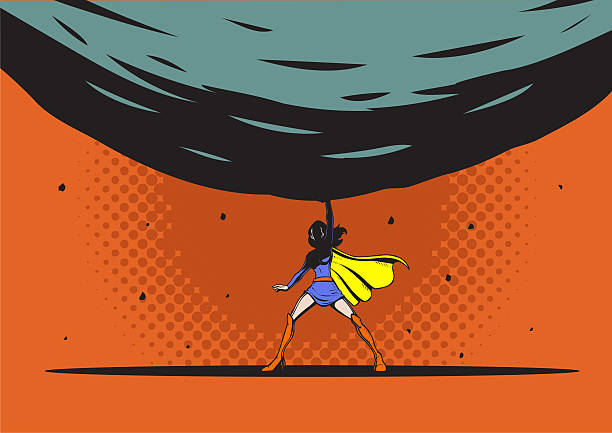 A retro pop art style vector illustration of a female superhero lifts a big rock with one hand. Easy to pick and edit. Wide space available for your copy. 100% human drawn, no generative AI.