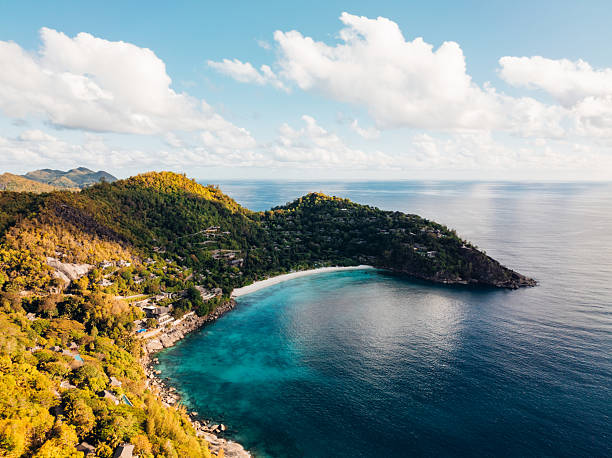 View from Mount Copolia to the islands St. Anne and Cerf near Mahe, Seychelles with deep blue sky