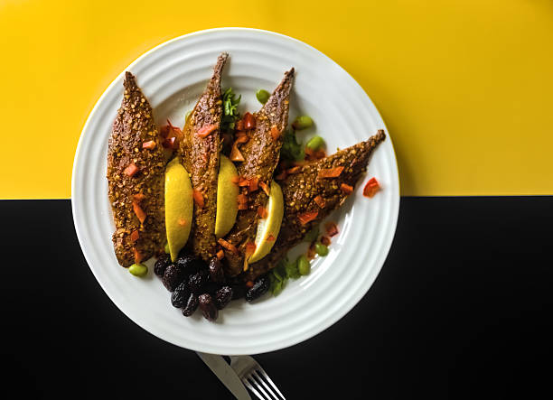 From Above Smoked Scottish Piri Mackerel Fillets with Edamame Beans, Red Peppers and Dried Black Olives