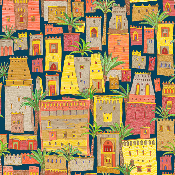 Vector seamless pattern of fairy tale oriental medieval houses, castles and palm trees on a dark blue background