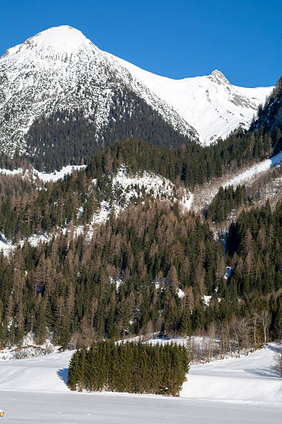 Beautiful snow-capped mountains against a blue sky on a sunny day in the Austrian Alps.