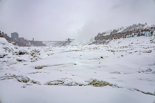 A breathtaking view of the frozen Niagara River in Ontario, Canada, showcasing a stunning winter landscape with snow, ice, and a distant bridge.