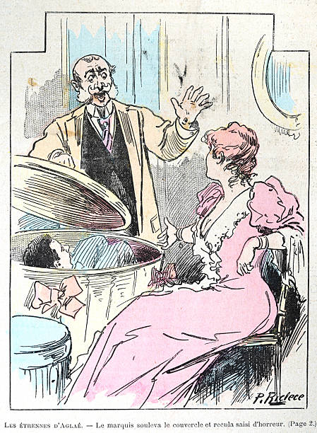 Man finding his young wife's lover hiding in a gift box, French Cartoon, Comedy, Victorian 1890s, 19th Century