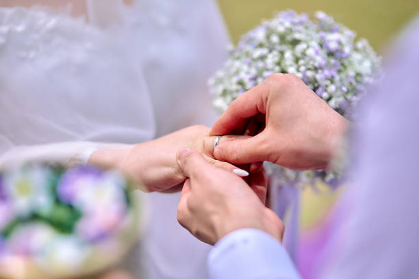 Wedding ring exchange during marriage ceremony close up