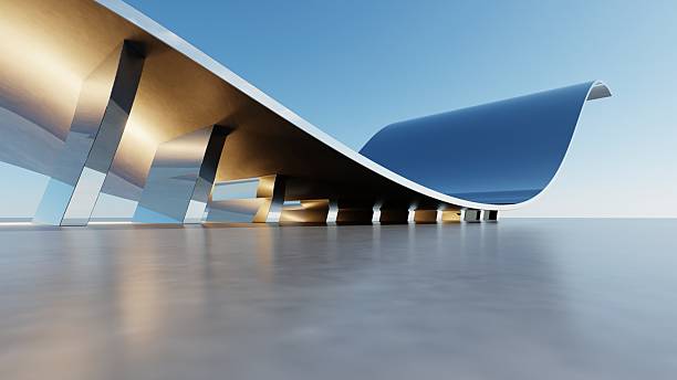 Abstract architecture background, Curved Glass or metallic Building is on empty concrete floor, Scene for car presentation, Modern Exterior, 3D rendering
