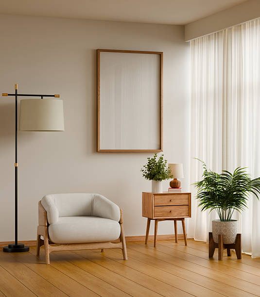 Mockup poster frame in modern minimalist interior background with armchair and plants on wooden floor, Japandi style- 3D rendering