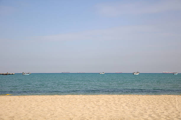 Boats on the beach of Neoi Epivates tourist resort of Thessaloniki in northern Greece