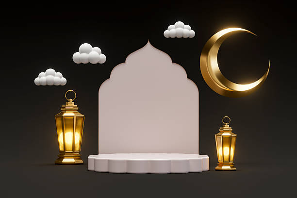 Ramadan Lantern and Crescent with Blank Frame and Podium, Islamic Background, Happy Eid Mubarak
