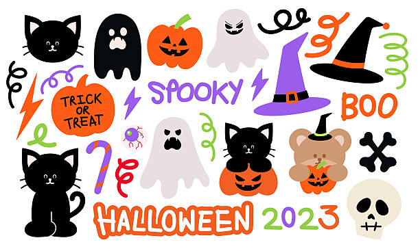 Halloween vector illustrations of ghost, black cat, pumpkin, head skull, witch hat, bone, candy cane for spooky decorations, cartoon character, comic, mascot, animals, Halloween event and activities, costume, stickers, card print, patch, campaign badges