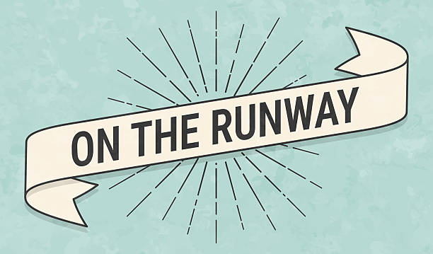 On the Runway. Banner, ribbon, label in a trendy vintage style. Beautiful retro ribbon with old textured paper and sunbursts in the background. Colors used: green, blue, beige and black. The banner is beige with a black outline, the sunbursts and the text are black. The background is green-blue. Vector Illustration (EPS file, well layered and grouped). Easy to edit, manipulate, resize or colorize. Vector and Jpeg file of different sizes.
