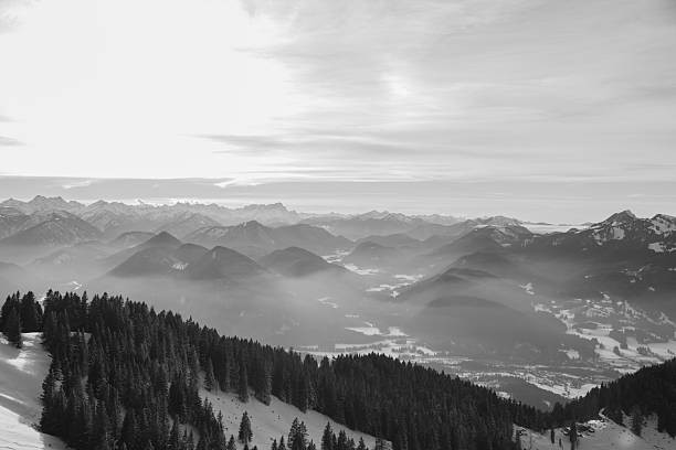 Landscape of the alps from mountain Seekarkreuz near Lenggries (black and white)