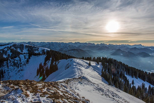 Winter landscape with a partially snow-covered meadow. Behind it stretches a forest with conifers and a few deciduous trees. In the background, the Zahmer Kaiser mountain range can be seen under a clear blue sky