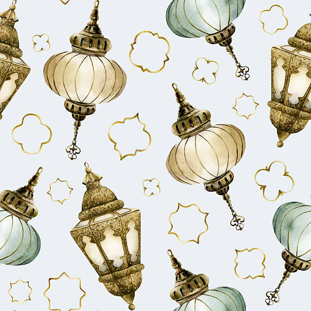 Islamic Hanging Lantern with golden ornament motif Seamless Pattern Watercolor hand painted isolated illustration blue