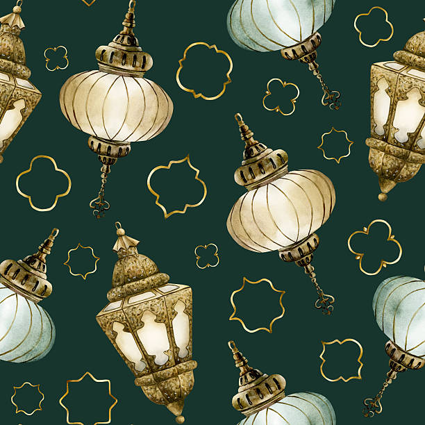 Islamic Hanging Lantern with golden ornament motif Seamless Pattern Watercolor hand painted isolated illustration green