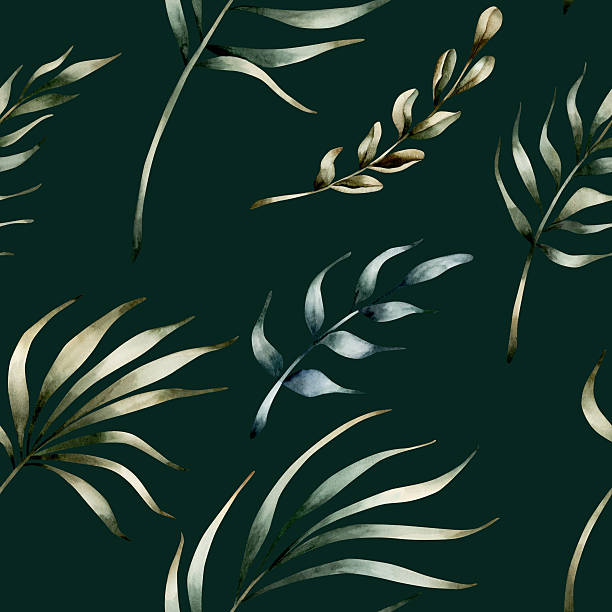 Tropical Leaves Seamless Pattern. Palm branch Watercolor floral hand painted isolated illustration on dark green