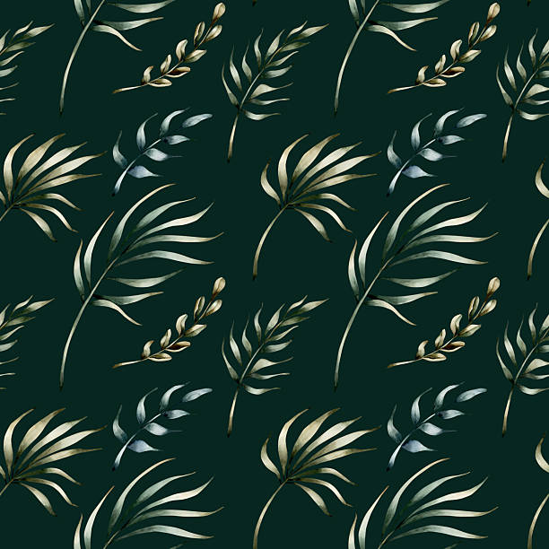 Tropical Leaves Seamless Pattern. Palm branch Watercolor floral hand painted isolated illustration on dark green