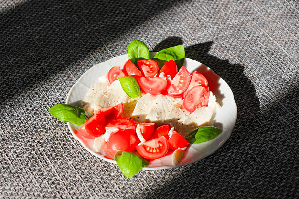 A vibrant and healthy Mediterranean-style dish featuring sliced fresh mozzarella cheese, ripe red tomatoes, and aromatic basil leaves arranged on a white plate, illuminated by bright natural summer sunlight with dramatic shadows on a grey textured background.