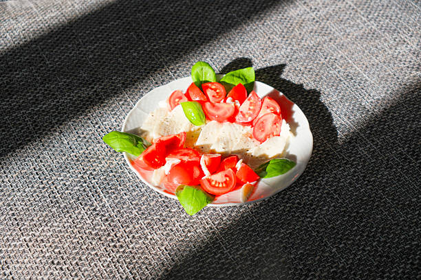 A vibrant and healthy Mediterranean-style dish featuring sliced fresh mozzarella cheese, ripe red tomatoes, and aromatic basil leaves arranged on a white plate, illuminated by bright natural summer sunlight with dramatic shadows on a grey textured background.