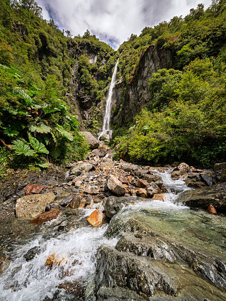 Waterfall flowing through dense green forest in Chilean Patagonia. Natural landscape highlighting the wild and untouched environments found along the Carretera Austral.