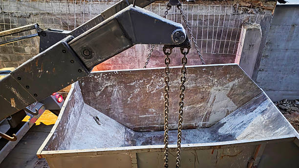 Slab hanged on crane hook by rope slings. White background. 3d render