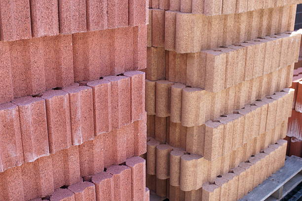 Close-up of various ceramic garden tiles in a home improvement center.