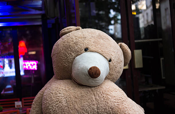 Paris, France: A massive teddy bear sits in a cafe in the Belleville district, 20th arrondissement. (Known as the Teddies of the Gobelins, the bears have popped up all over Paris in recent years)