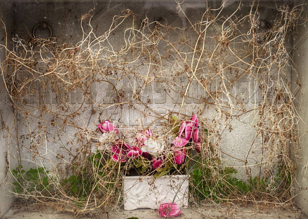 Paris, France: Sunny Clay Flower Detail, Pere Lachaise Cemetery
