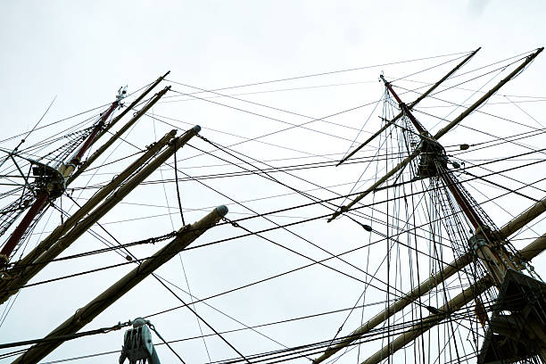 Intricate Rigging of a Tall Ship Against an Overcast Sky