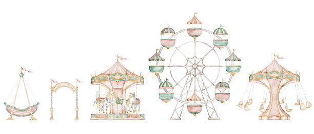 Watercolor border with Amusement park attractions including carousel, Ferris wheel, swing ride and entrance arch. Seamless pattern in gentle pastel style for nursery banners, kids party design.