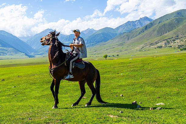Adolescent boy smiles while riding a horse in a scenic mountain valley. Joyful moment captures the essence of adventure and nature. Semenovskoye Gorge, Kyrgyzstan - July 17 2024