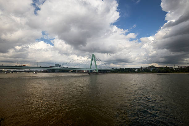 Severinsbruck bridge with public transportation metro in Cologne, Germany.