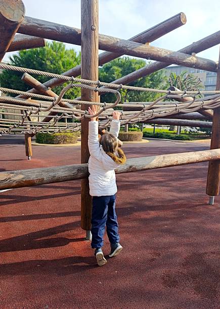 Kid and wood climbing frame in the park . High quality photo