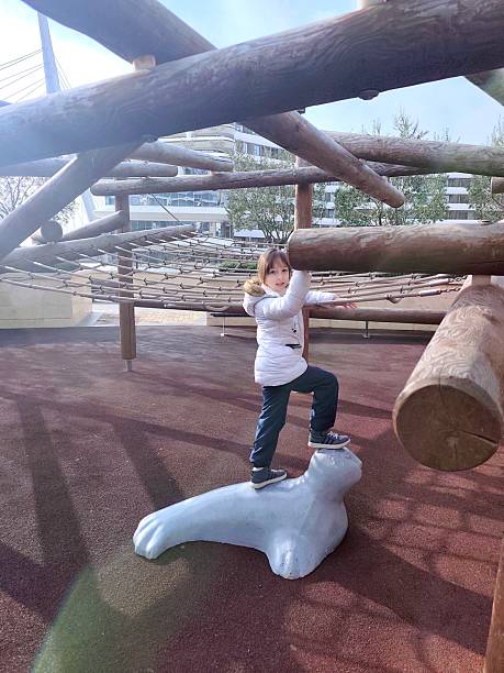 Kid and wood climbing frame in the park . High quality photo