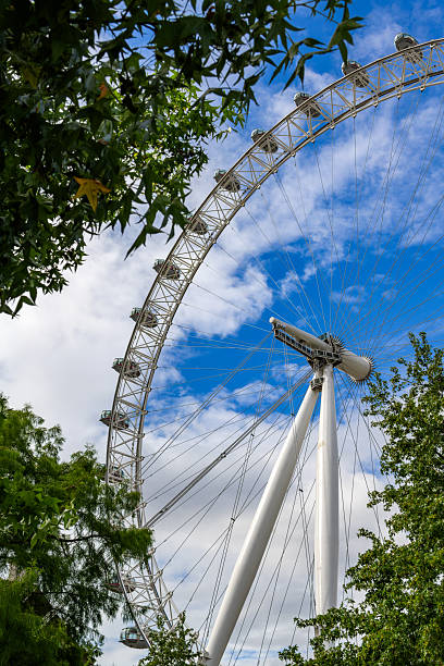 London, United Kingdom - August 5, 2025: Close-up view of the London Eye capsules rotating against a blue sky with white clouds