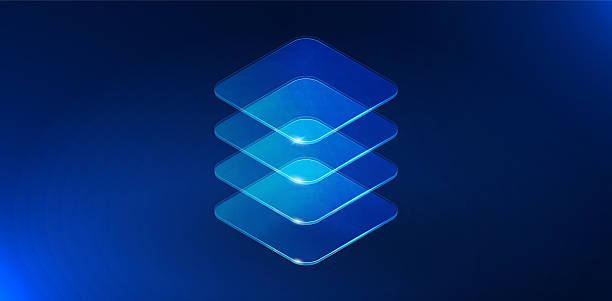 stockillustraties, clipart, cartoons en iconen met abstract vertical glass blocks symbolizing scalable digital systems, ai architecture and data growth. futuristic blue technology background with transparent shapes, minimal design and copy space. - schaal begrippen