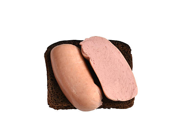 Slice of bread with sausage isolated on white background.