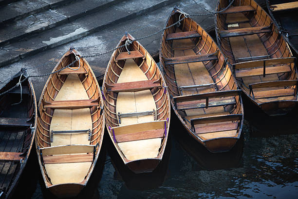 Pattern of wooden boats from above. Summer recreation concept