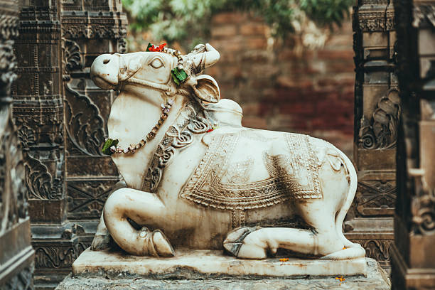 Carved marble cow statue adorned with a flower garland sits within an ancient temple in Varanasi, surrounded by ornate stone pillars. This serene, sacred scene highlights craftsmanship and Hindu temple charm.