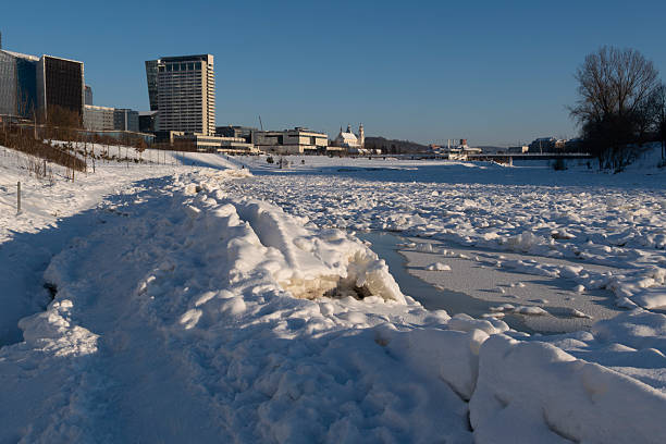 Ice floe on the East River during extreme winter cold in New York City