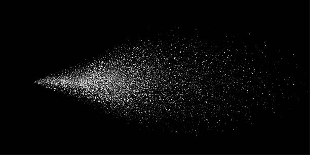 Spray splatter texture background. White droplets spreading outward into dispersed dots on black backdrop. Dynamic dispersion effect of aerosol flow. Minimal vector illustration with monochrome style.