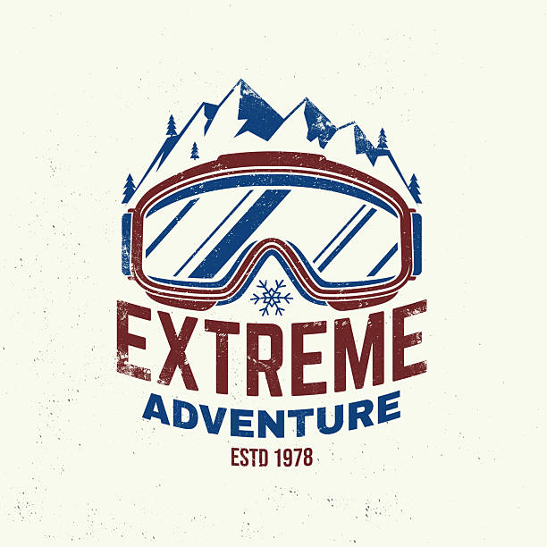 Extreme winter adventures. Vector ski club retro badge. Concept for shirt, print, seal or stamp with mountain, ski glasses. Family vacation, activity or travel. For logo design, patches.