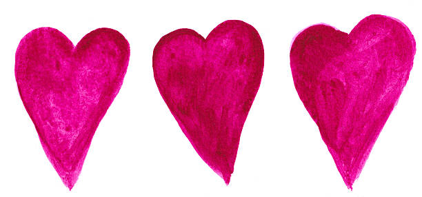 Three abstract hearts hand painted with watercolors. The main colors are shades of red and hot pink. There is a texture in each heart with flowing watercolors.