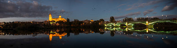 Historic skyline of Salamanca in Castilla y León, Spain, featuring cathedral towers, bridges over the Tormes River and classic medieval architecture. Images highlight cultural heritage, historic travel destinations and traditional Spanish urban landscapes suitable for tourism, editorial and cultural storytelling.