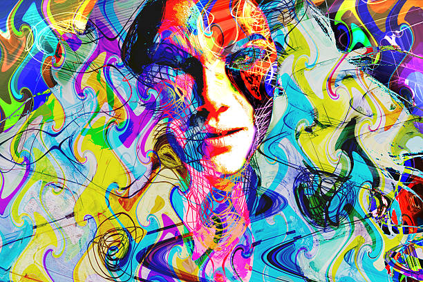 An expressive abstract portrait featuring a human face blended with vibrant, flowing digital paint strokes and layered textures. Bold colors such as blue, yellow, pink, green, and red interact with dynamic lines and swirling shapes, creating a sense of movement and emotional depth. The composition combines figurative elements with abstract expressionism, symbolizing identity, creativity, inner thoughts, and human emotion.
