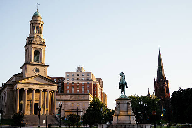 Major General George Henry Thomas equestrian statue at Thomas Circle in Washington DC with historic church. g.