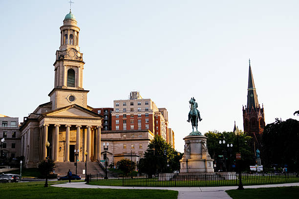 Major General George Henry Thomas equestrian statue at Thomas Circle in Washington DC with historic church. g.